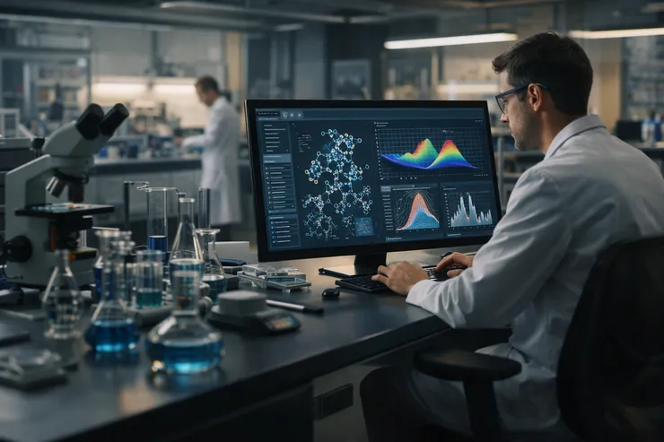 Researcher in a biotech lab using AI-assisted scientific analysis on a monitor